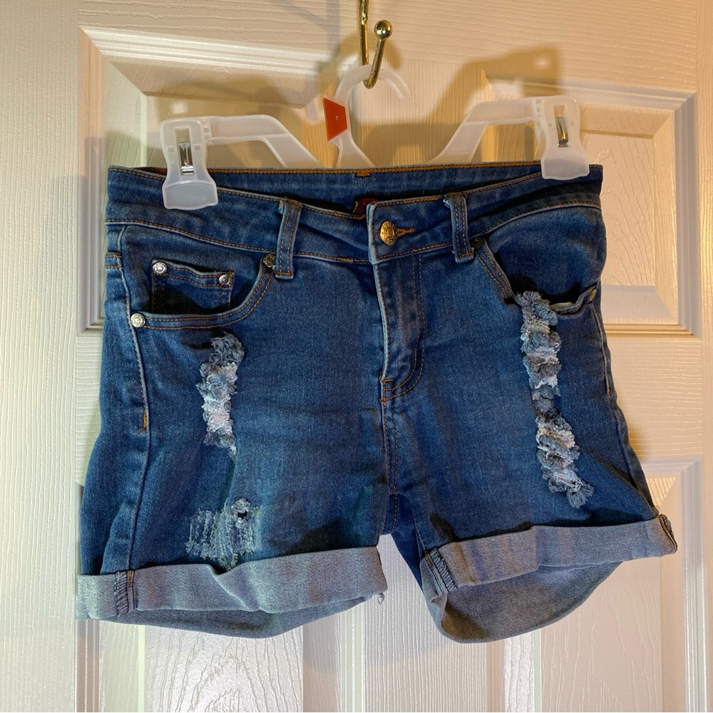 Ling’s Jeans Women 3/4 Shorts Cuff Low Rise Distressed Pockets Med Wash Stretch